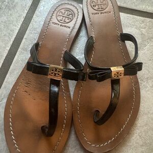 Tory Burch Leighanne Bow Thong Sandals Black Leather Size 8